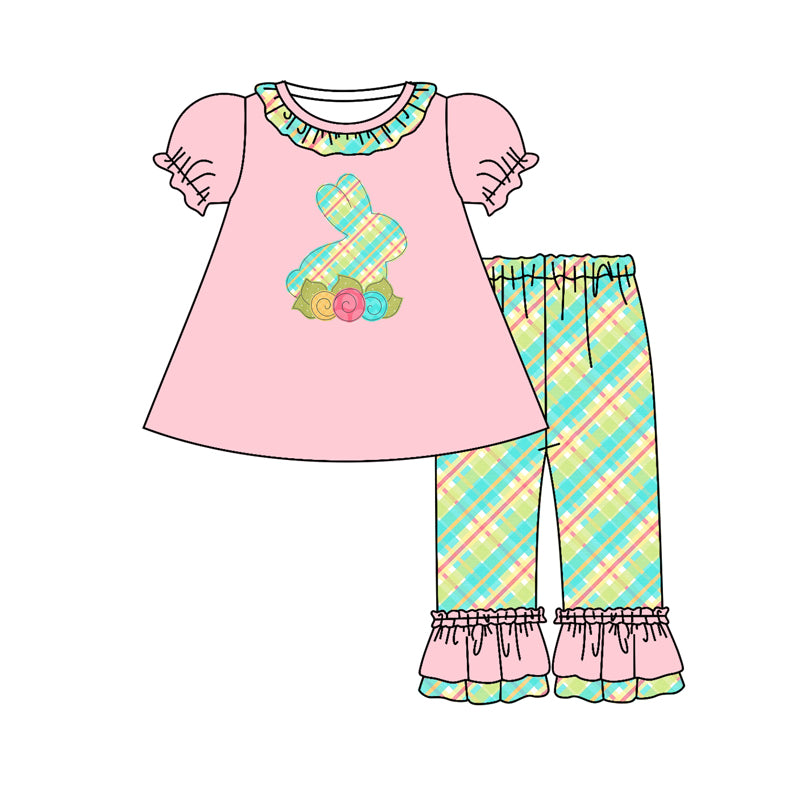 preorder GSPO0974 Easter rabbit pink short sleeve colorful print pants girls set