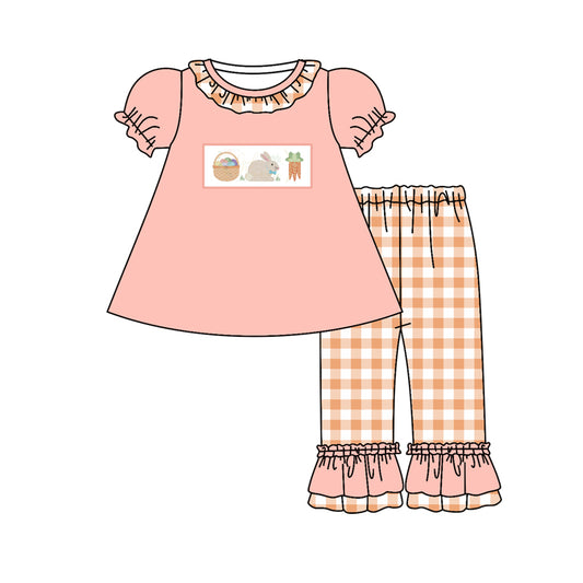 preorder GSPO0975 Easter egg rabbit carrot pink short sleeve orange checkered pants girls set