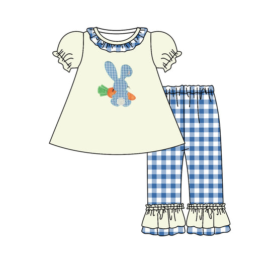 preorder GSPO0976 Easter rabbit carrot short sleeve blue checkered pants girls set