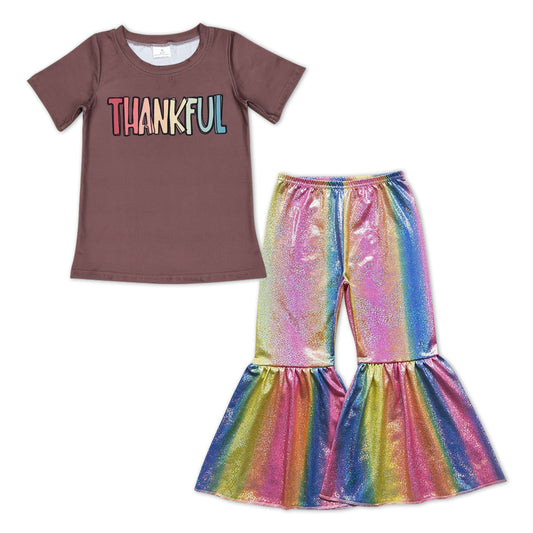 GSPO0979 Thankful brown short sleeve rainbow disco pants girls set