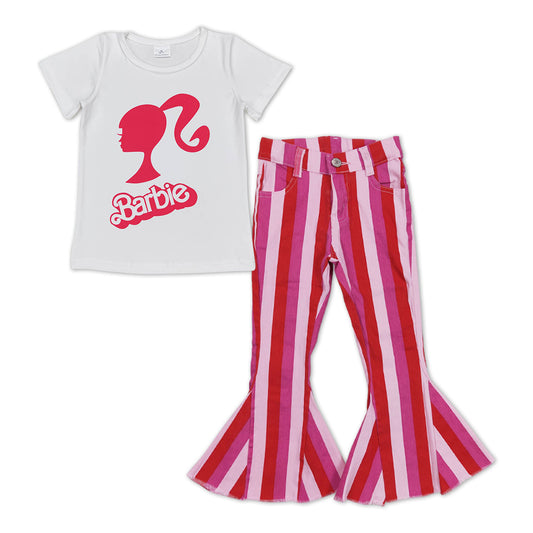 GSPO0982 Cartoon BA short sleeve pink striped denim pants girls set