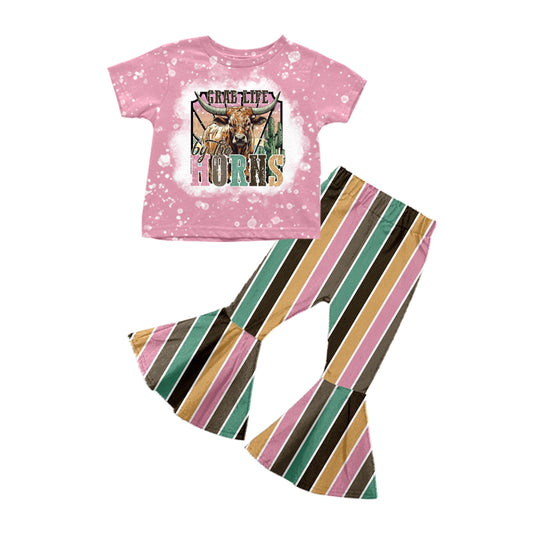 preorder GSPO0991 Western horns cow pink short sleeve colorful striped pants girls set