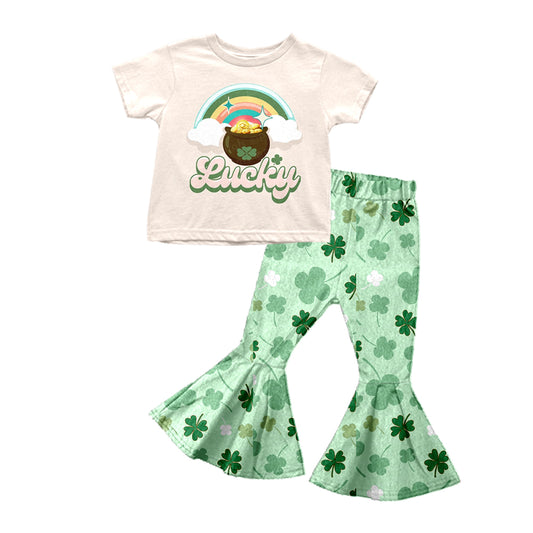 preorder GSPO0992 Saint Patrick lucky rainbow short sleeve green pants girls set