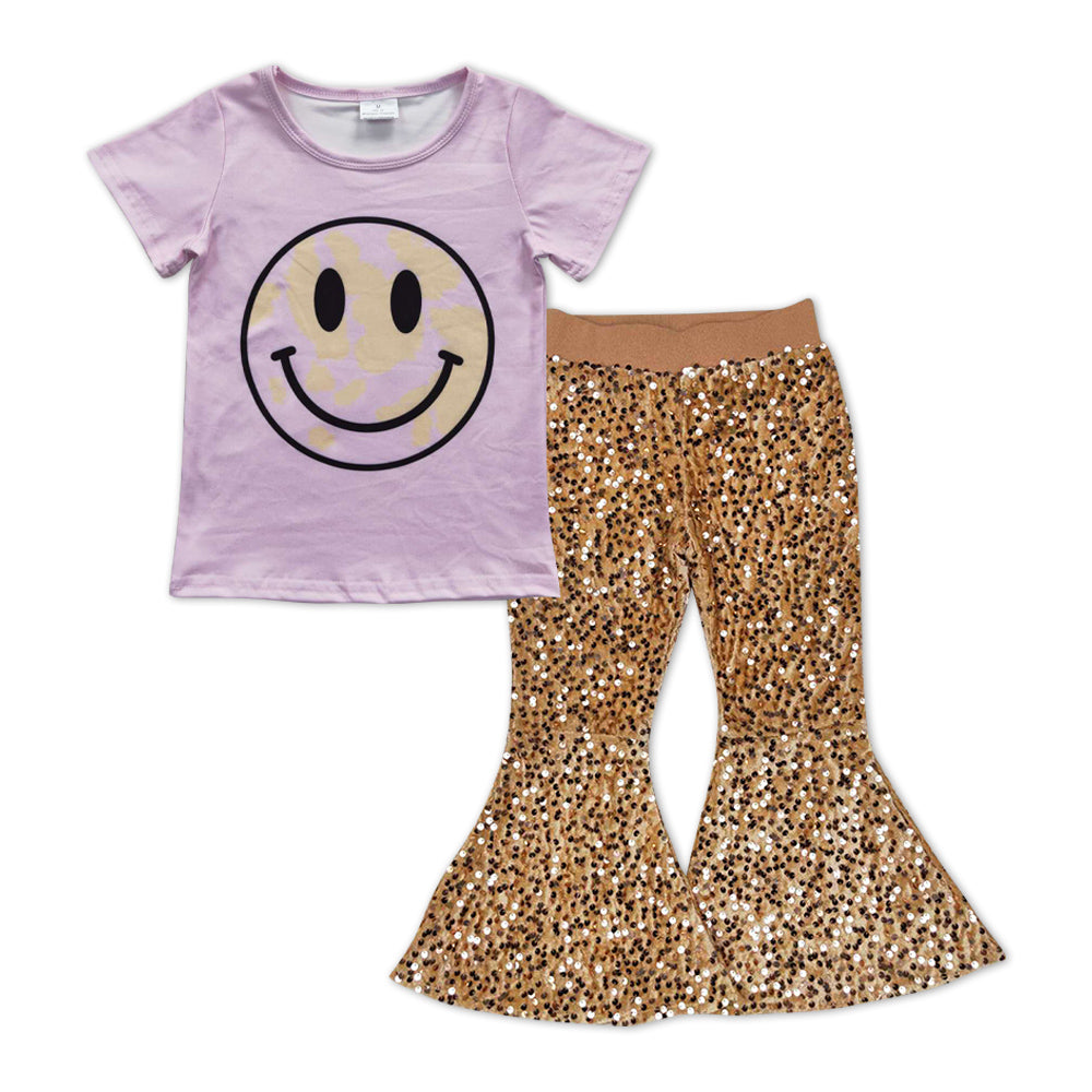 GSPO0997 Smile purple short sleeve khaki sequin pants girls set