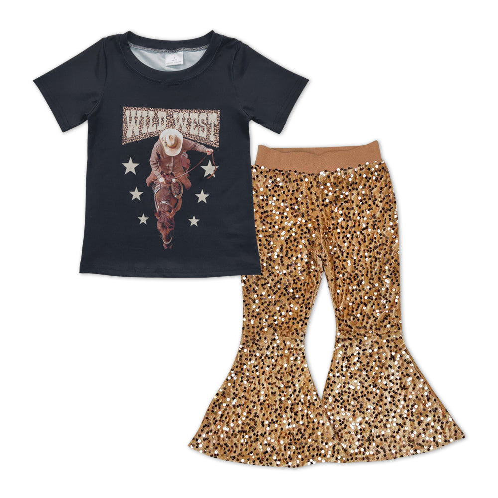 GSPO0999 Wild west star black short sleeve khaki sequin pants girls set