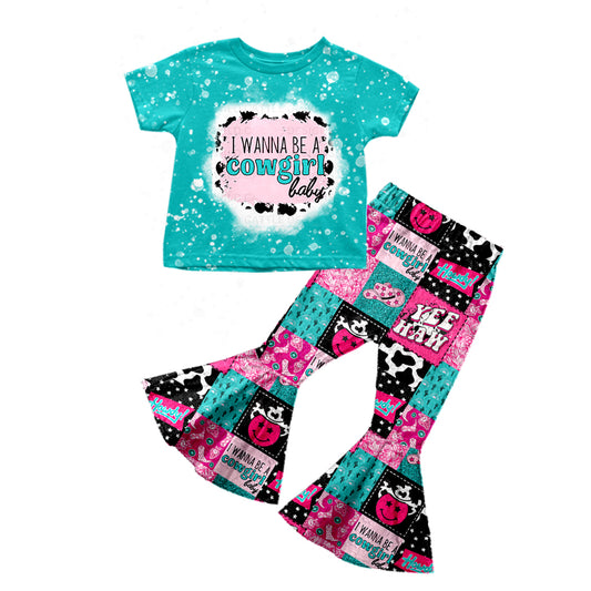 preorder GSPO1000 I wanna be a cowgirl short sleeve hot pink pants girls set