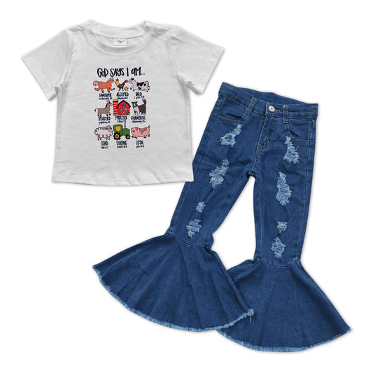 GSPO1003 Farm animals short sleeve blue denim ripped denim pants girls set