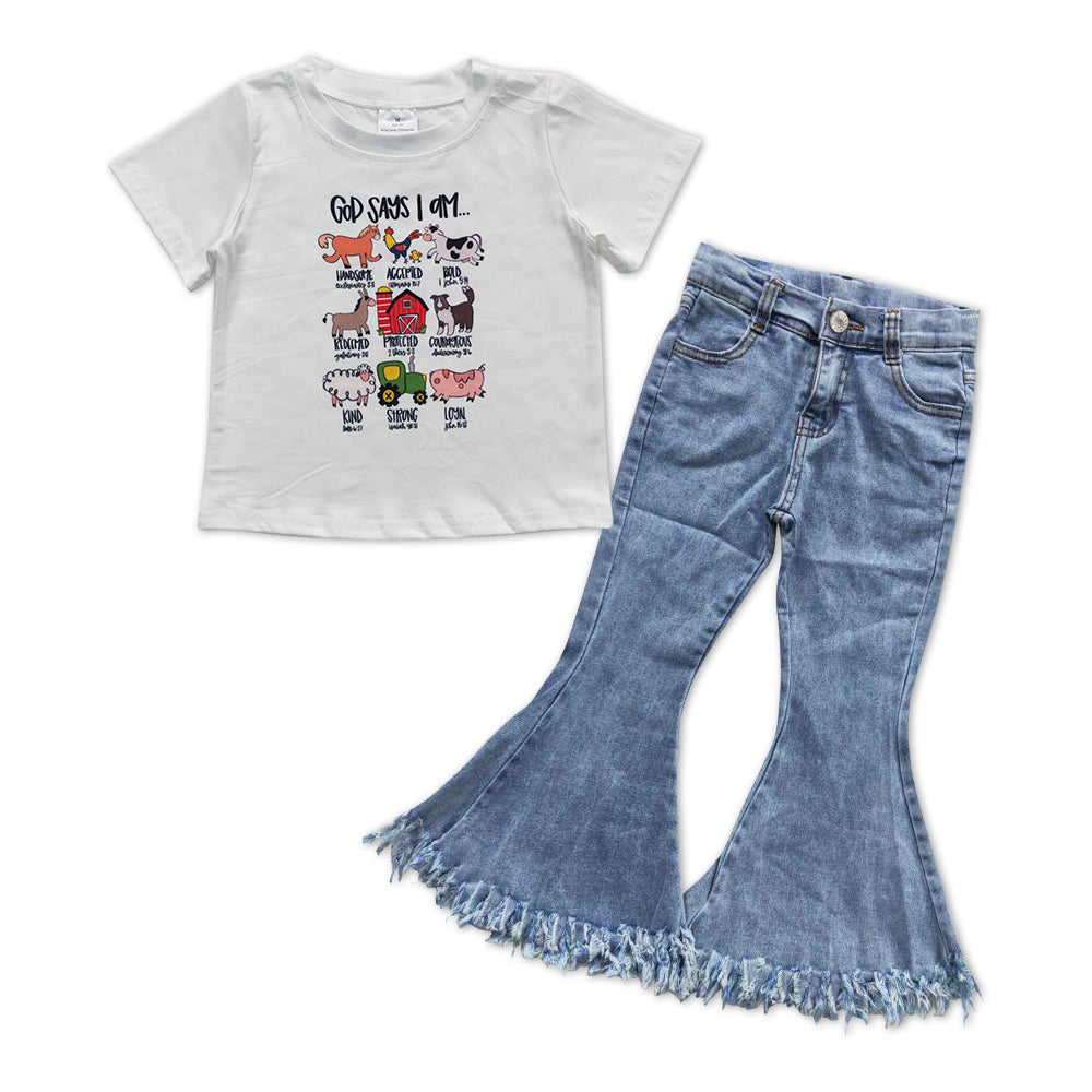 GSPO1004 Farm animals short sleeve blue denim pants girls set