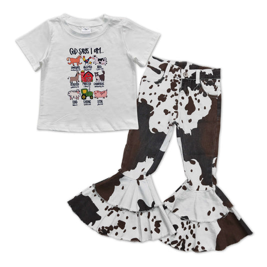 GSPO1005 Farm animals short sleeve ink pattern denim pants girls set