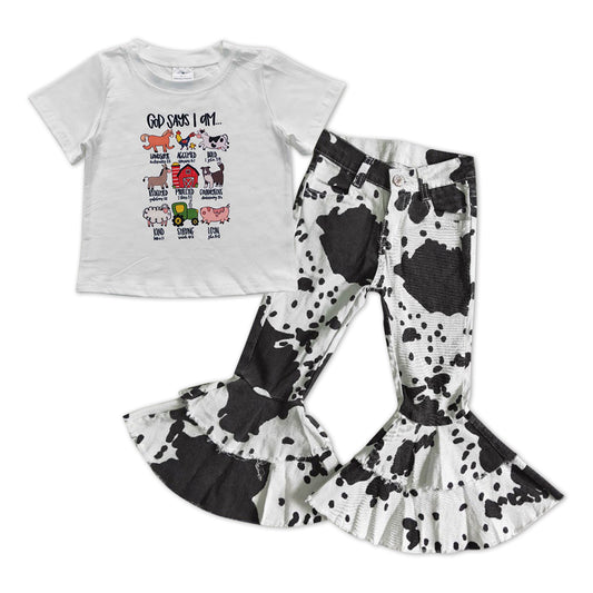 GSPO1006 Farm animals short sleeve cow print denim pants girls set