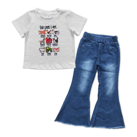 GSPO1007 Farm animals short sleeve blue denim pants girls set