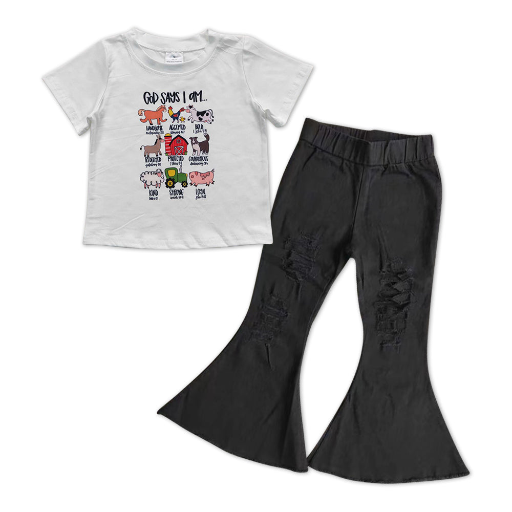 GSPO1008 Farm animals short sleeve black denim pants girls set