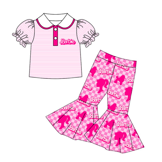 preorder GSPO1013 BA cartoon pink striped doll collar hot pink checkered pants girls set
