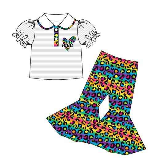 preorder GSPO1015 Mini heart grey doll collar colorful leopard pants girls set
