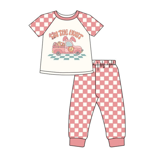 preorder GSPO1018 Easter on the hunt truck egg short sleeve pink checkered pants girls set