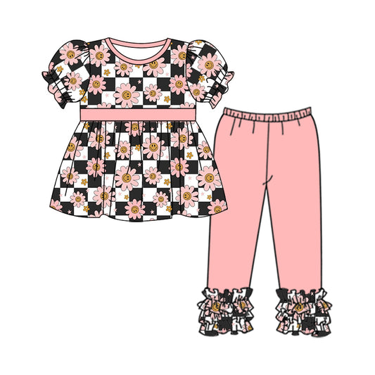 preorder GSPO1025 Pink smile flowers black checkered short sleeve pink pants girls set