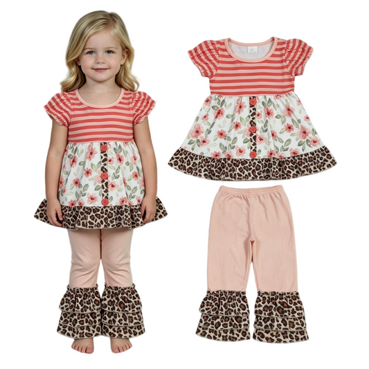 GSPO1044 Flowers pink striped short sleeve pink pants girls set