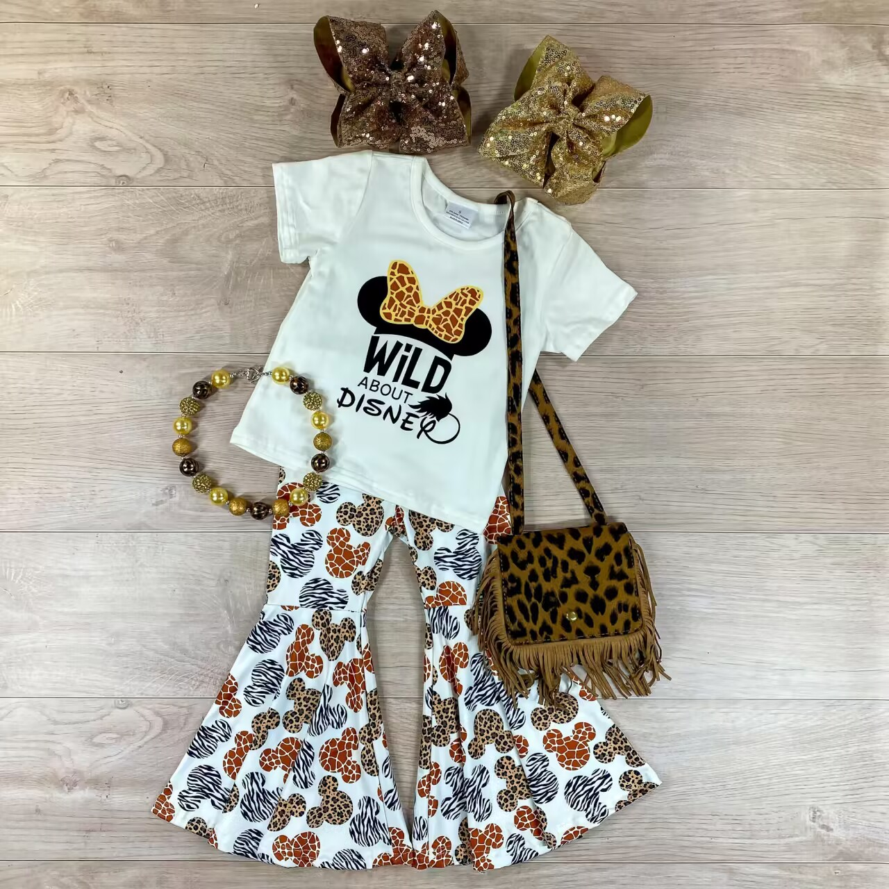 preorder GSPO1045 Wild cartoon white short sleeve leopard cartoon pants girls set