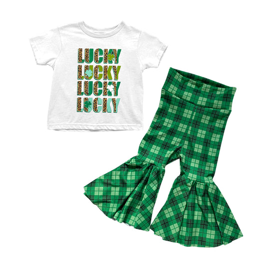 preorder GSPO1048 Saint Patrick lucky white short sleeve green checkered pants girls set