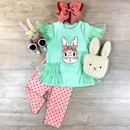 preorder GSPO1050 Easter rabbit green flutter sleeve pink pants girls set