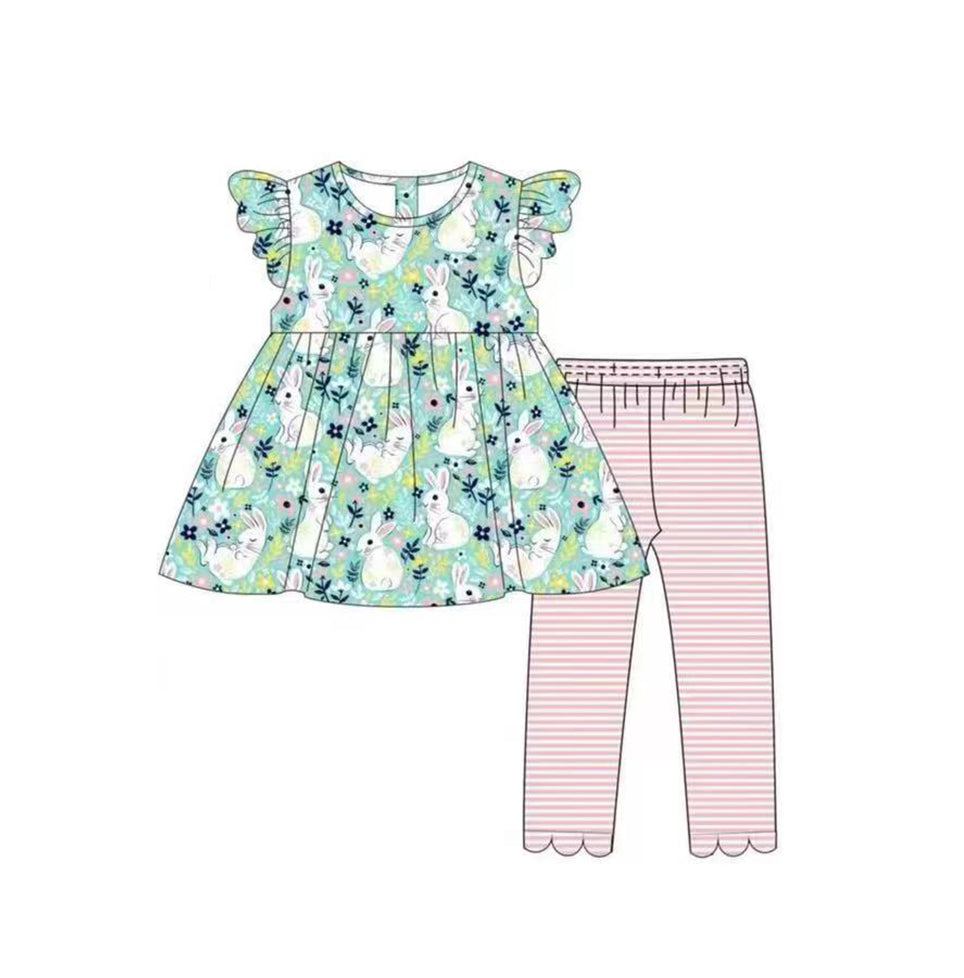 preorder GSPO1056 Easter rabbit blue flutter sleeve pink striped pants girls set