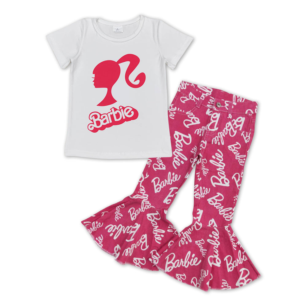 GSPO1064 BA white short sleeve hot pink denim pants girls set