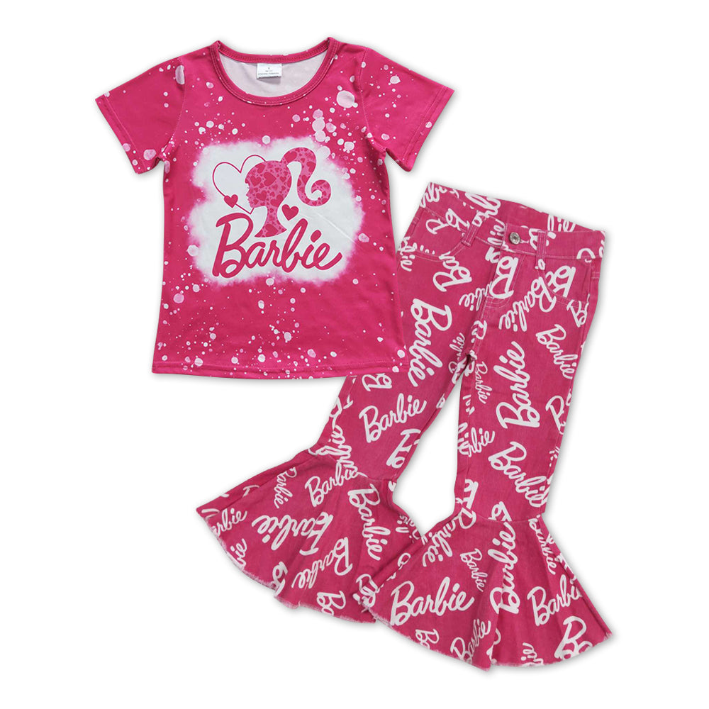 GSPO1065 BA hot pink short sleeve hot pink denim pants girls set