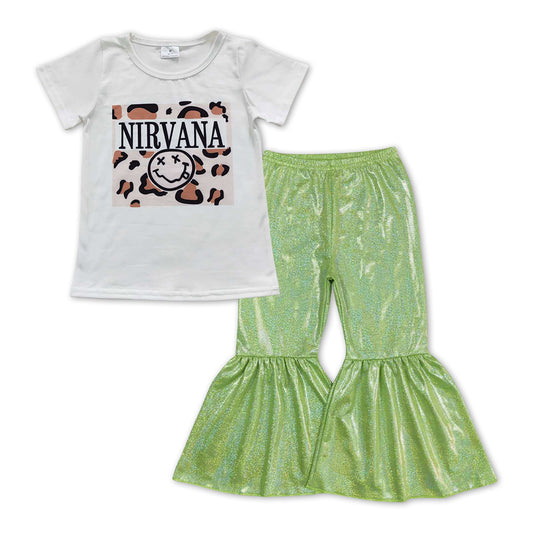 GSPO1069 Nirvana smile white short sleeve green disco pants girls set