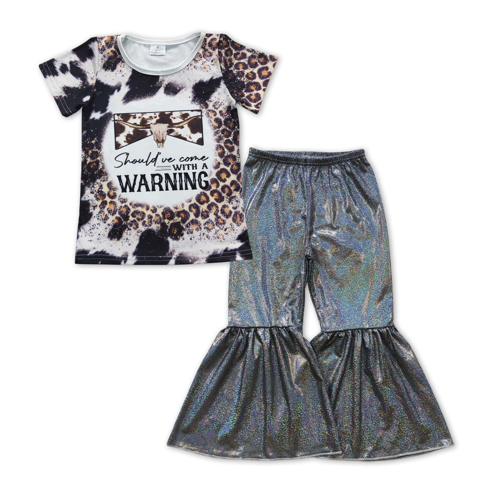 GSPO1073 Warning cow leopard short sleeve black disco pants girls set