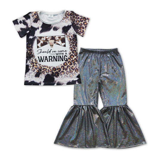 GSPO1073 Warning cow leopard short sleeve black disco pants girls set