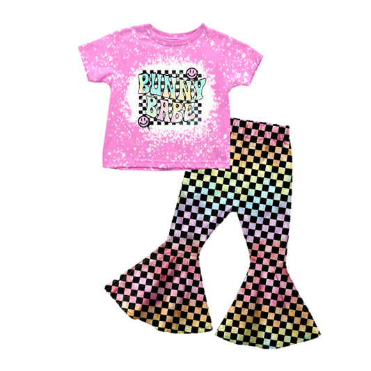 preorder GSPO1075 Easter bunny babe hot pink short sleeve checkered pants girls set