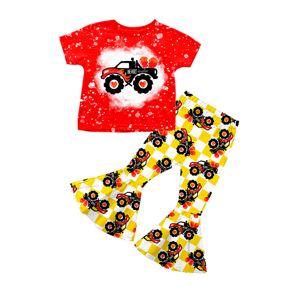 preorder GSPO1081 Valentine's Day heart tractor red short sleeve yellow checkered pants girls set