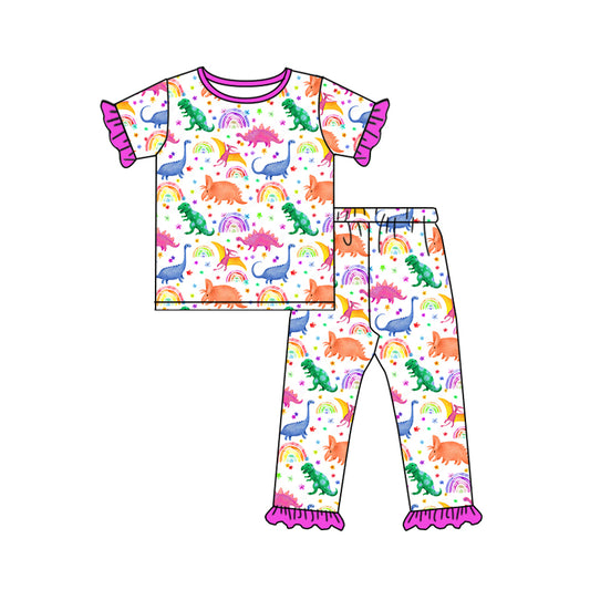 preorder GSPO1096 Colorful dinosaur hot pink short sleeve pants girls pajamas