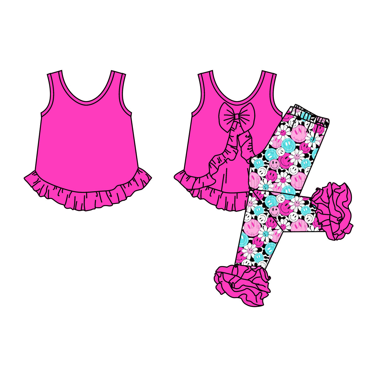 preorder GSPO1098 Hot pink ruffles sleeveless smile flowers pants girls set