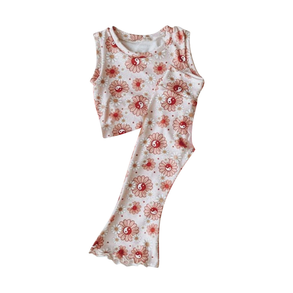 preorder GSPO1108 Pink Flowers sleeveless pants girls set