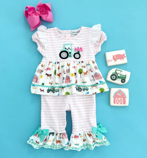 preorder GSPO1111 Farm tractor animals horse pink striped short sleeve pants girls set