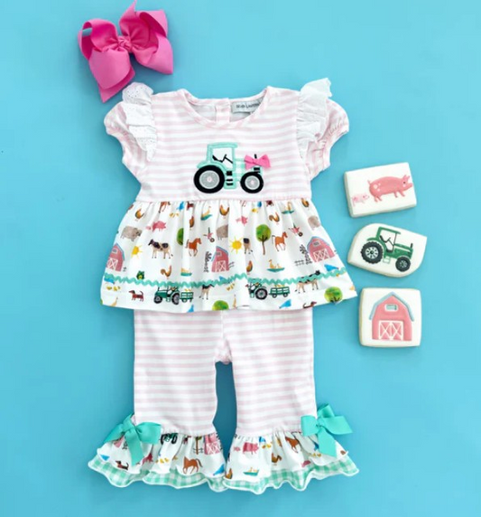 preorder GSPO1111 Farm tractor animals horse pink striped short sleeve pants girls set