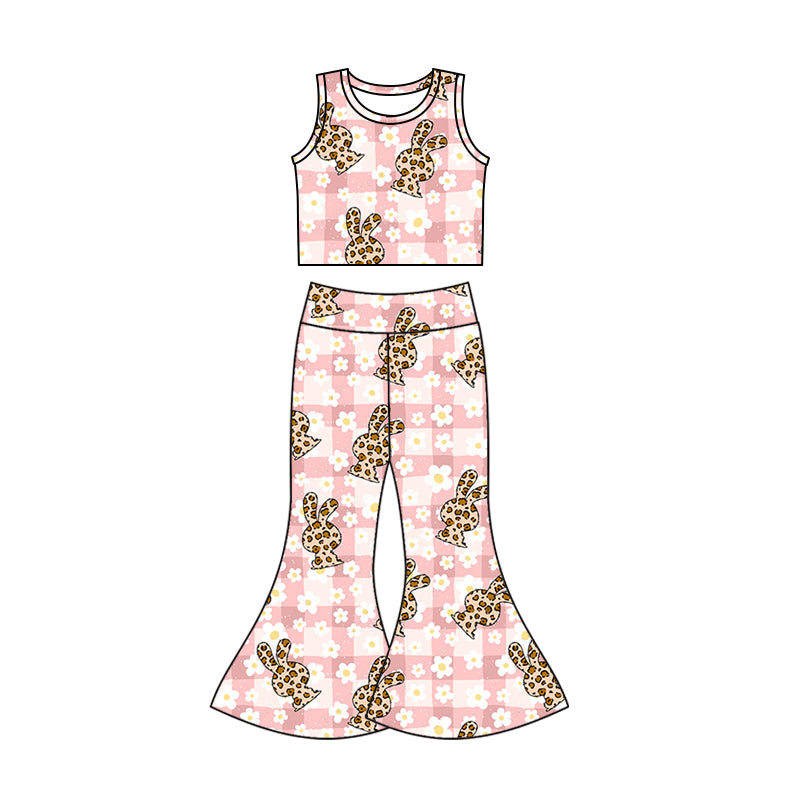 preorder GSPO1118 Easter leopard rabbit pink flowers checkered sleeveless girls set