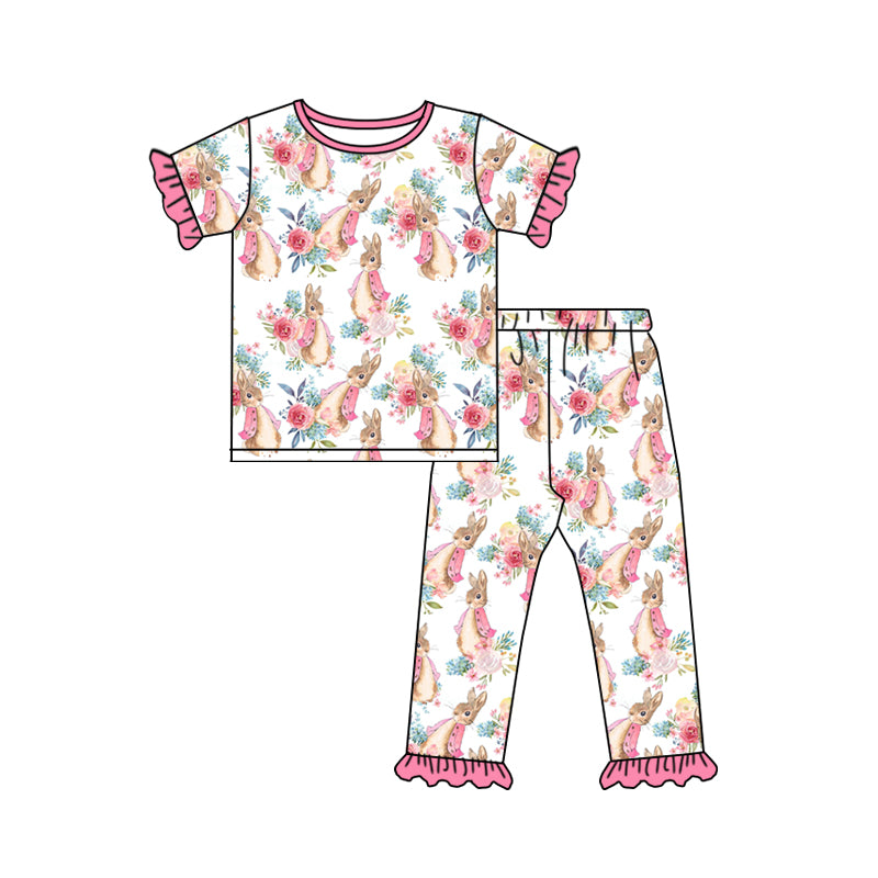 preorder GSPO1120 Easter rabbit flowers hot pink short sleeve pants girls pajamas