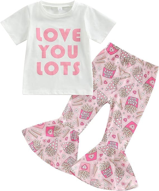 preorder GSPO1121 Love you lots blue short sleeve fries pink heart pants girls set