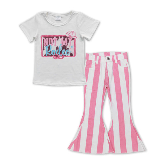 GSPO1129 Not my rodeo white short sleeve pink striped denim pants girls set