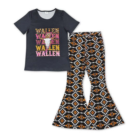 GSPO1130 Western Wallen cow black short sleeve Aztec adult denim pants adult set