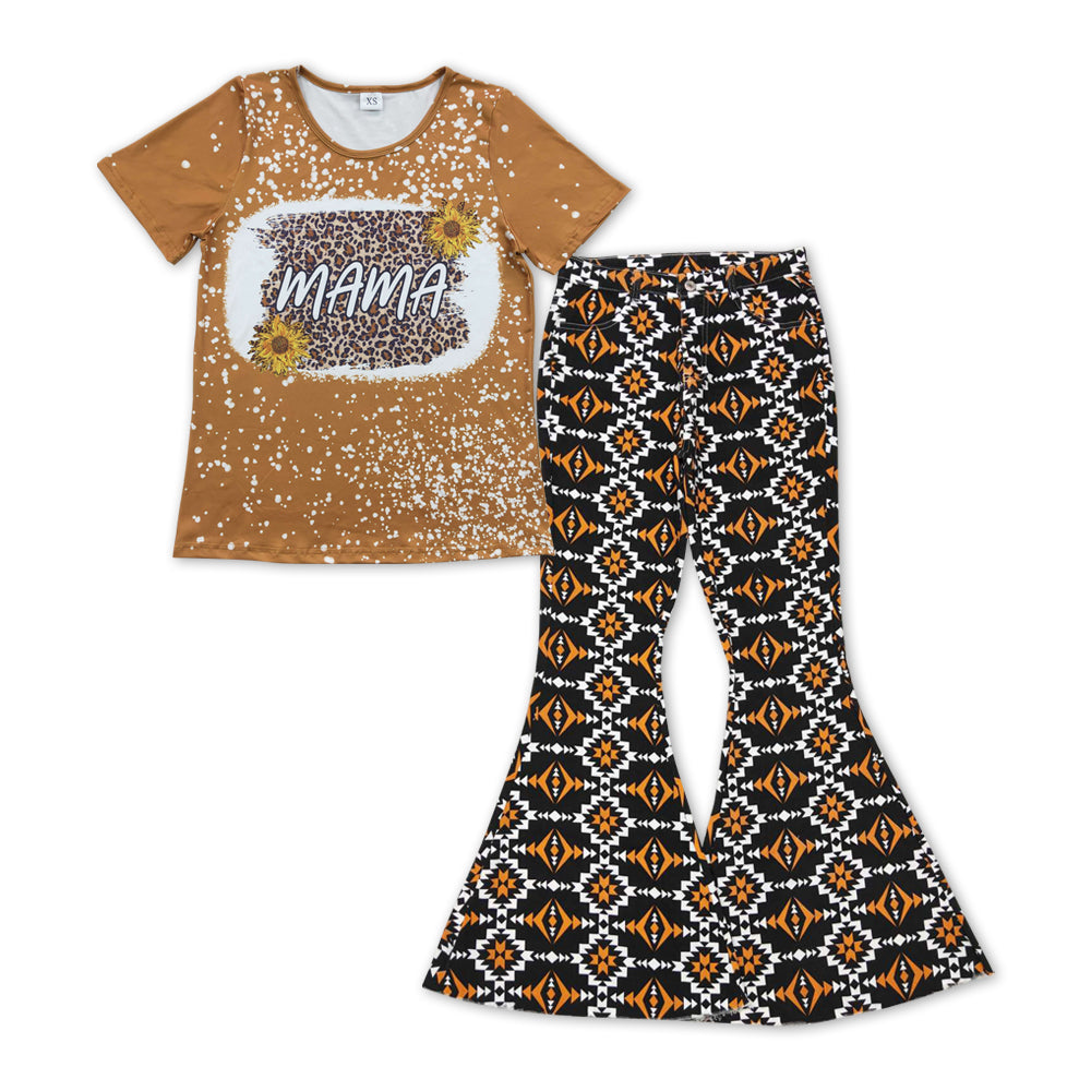 GSPO1131 Mama leopard brown short sleeve Aztec adult denim pants adult set