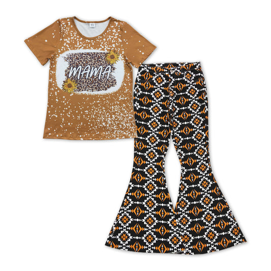 GSPO1131 Mama leopard brown short sleeve Aztec adult denim pants adult set