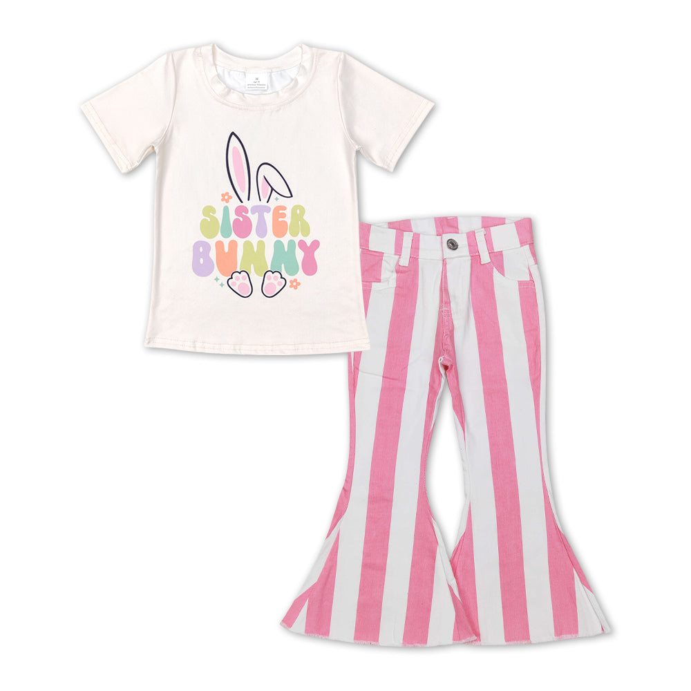 GSPO1133 Sister Bunny rabbit short sleeve pink striped denim pants girls set