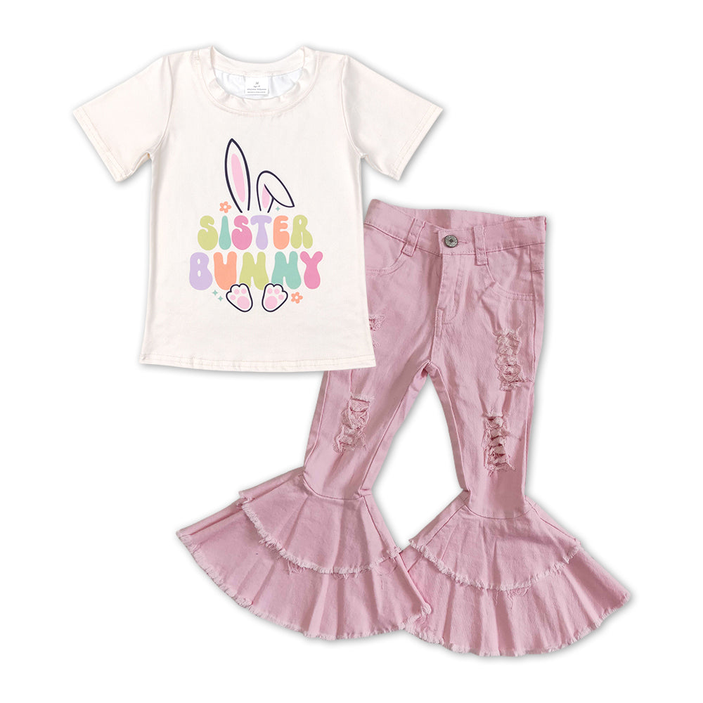 GSPO1134 Sister bunny rabbit short sleeve pink denim pants girls set