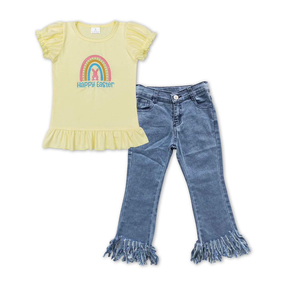 GSPO1136 Happy Easter rainbow yello short sleeve blue tassels denim pants girls set