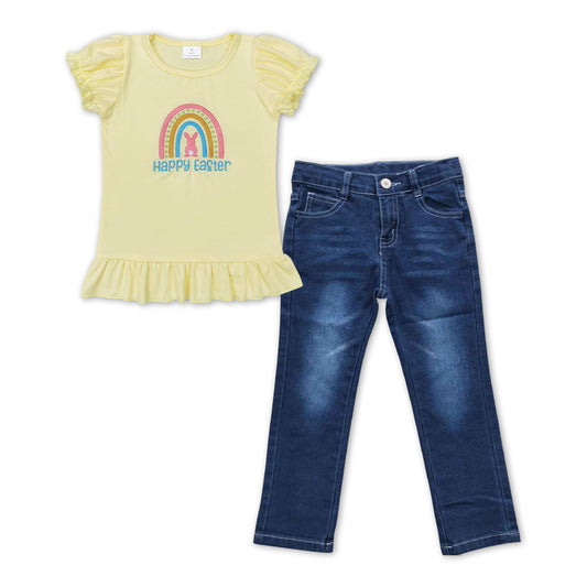 GSPO1137 Happy Easter rainbow yello short sleeve blue denim pants girls set