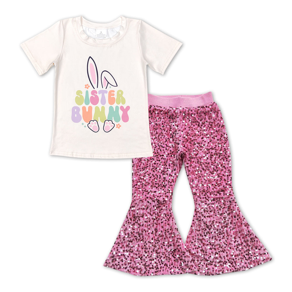 GSPO1138 Easter sister bunny rabbit short sleeve hot pink sequin pants girls set