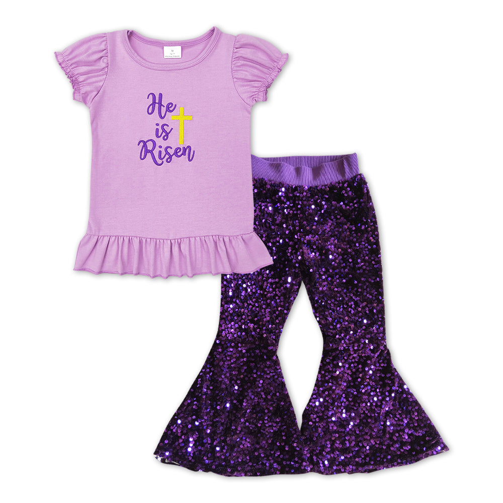 GSPO1139 Easter he is risen purple short sleeve purple sequin pants girls set